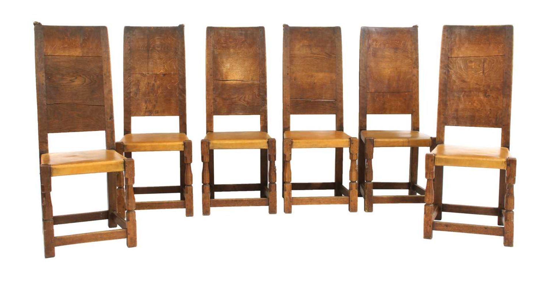 Six Robert 'Mouseman' Thompson oak dining chairs,