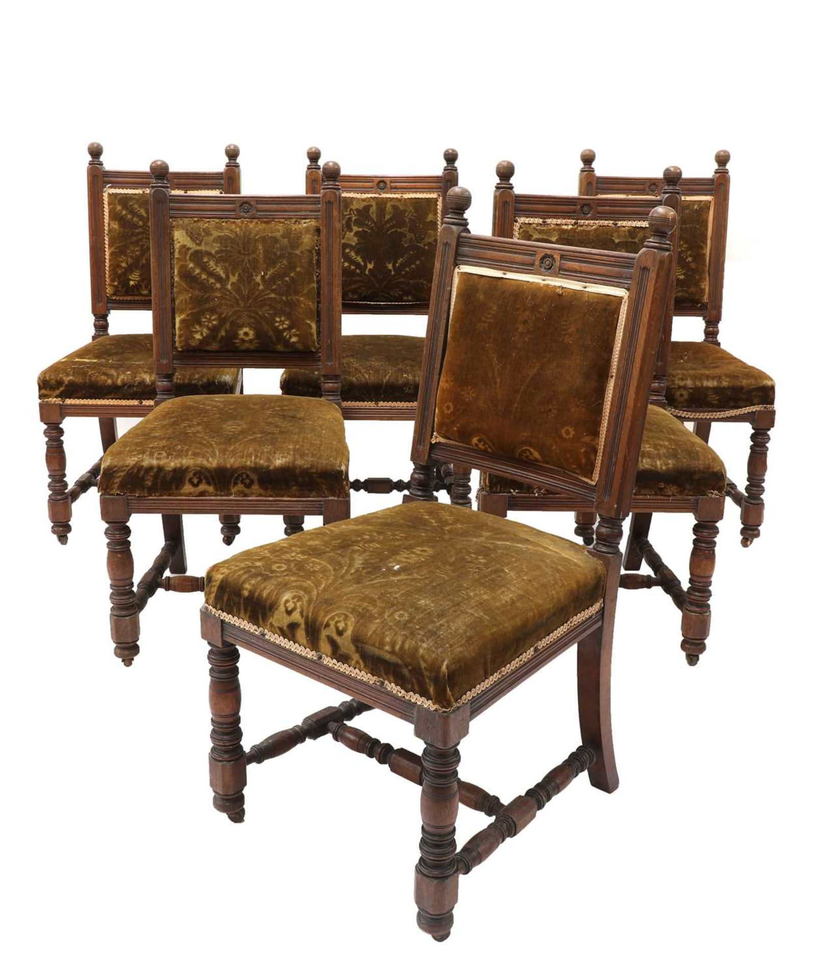 Six walnut dining chairs,