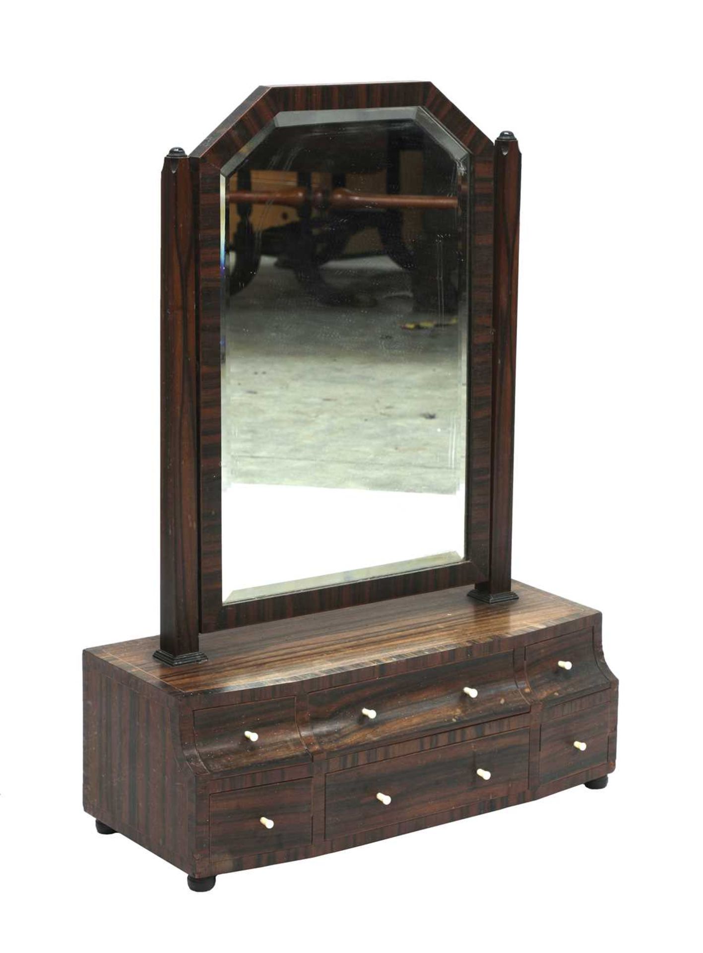 A Cotswold School crossbanded coromandel toilet mirror,