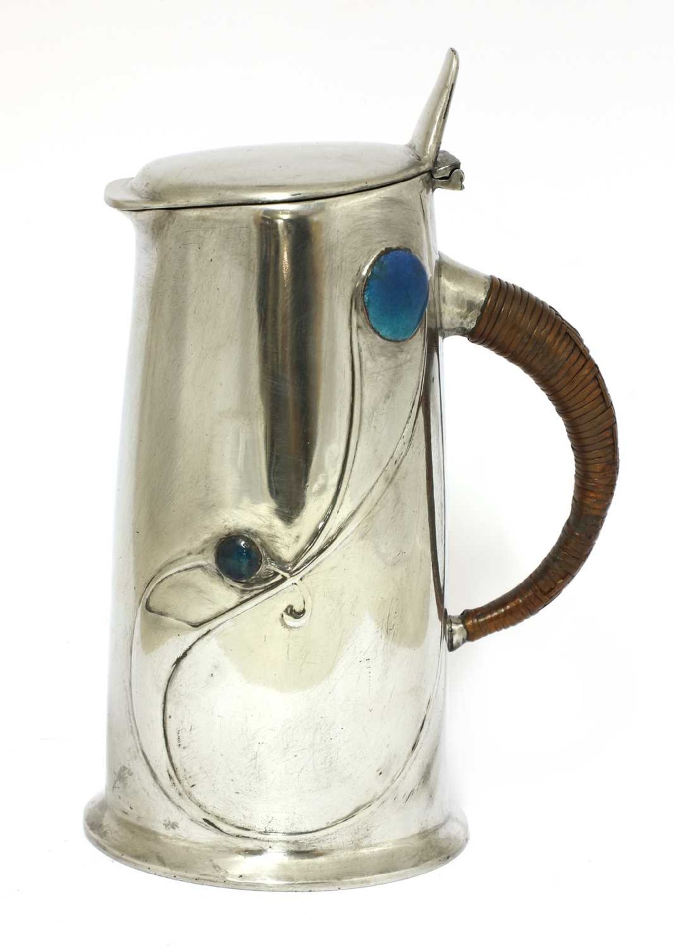 A Liberty Tudric pewter and enamel jug,