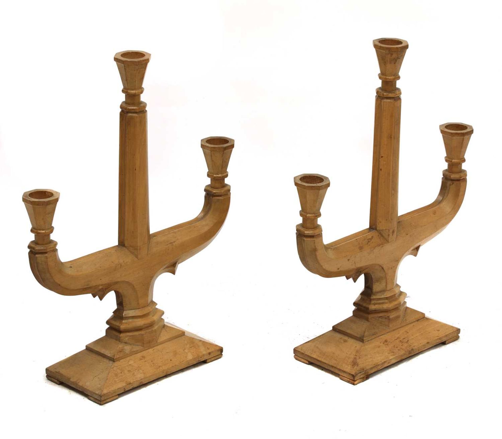 A pair of fruitwood three-branch candelabra, - Image 2 of 2