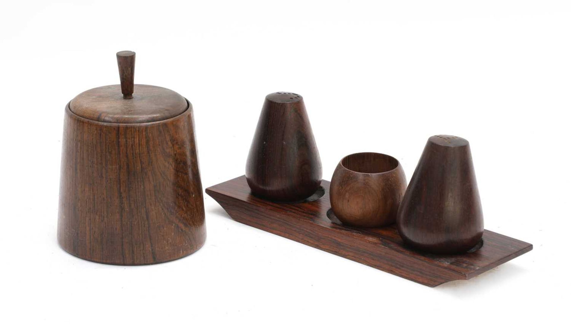 A jacaranda wood condiment set,