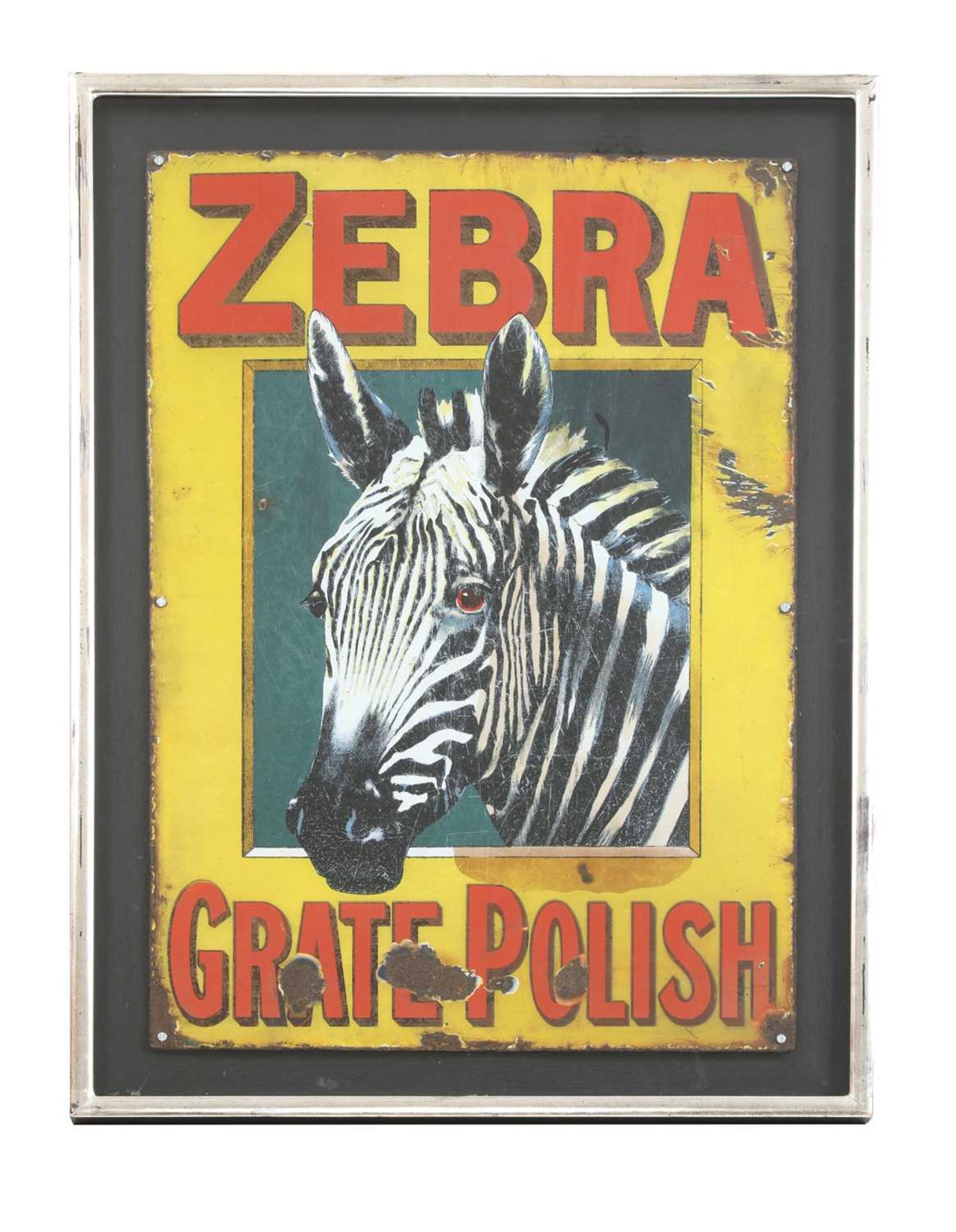 A 'Zebra Grate Polish' enamel sign,