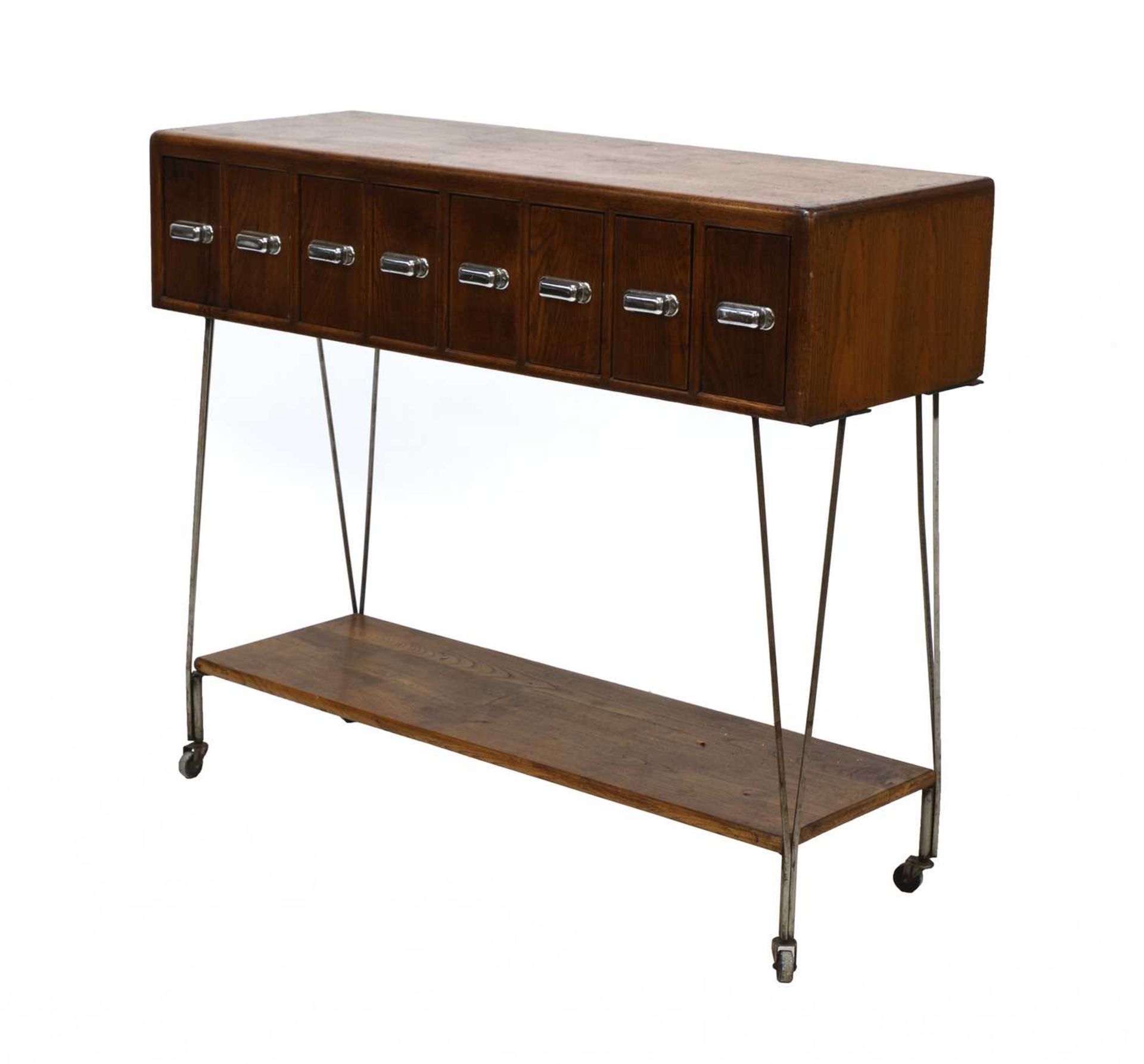 An industrial oak index cabinet,