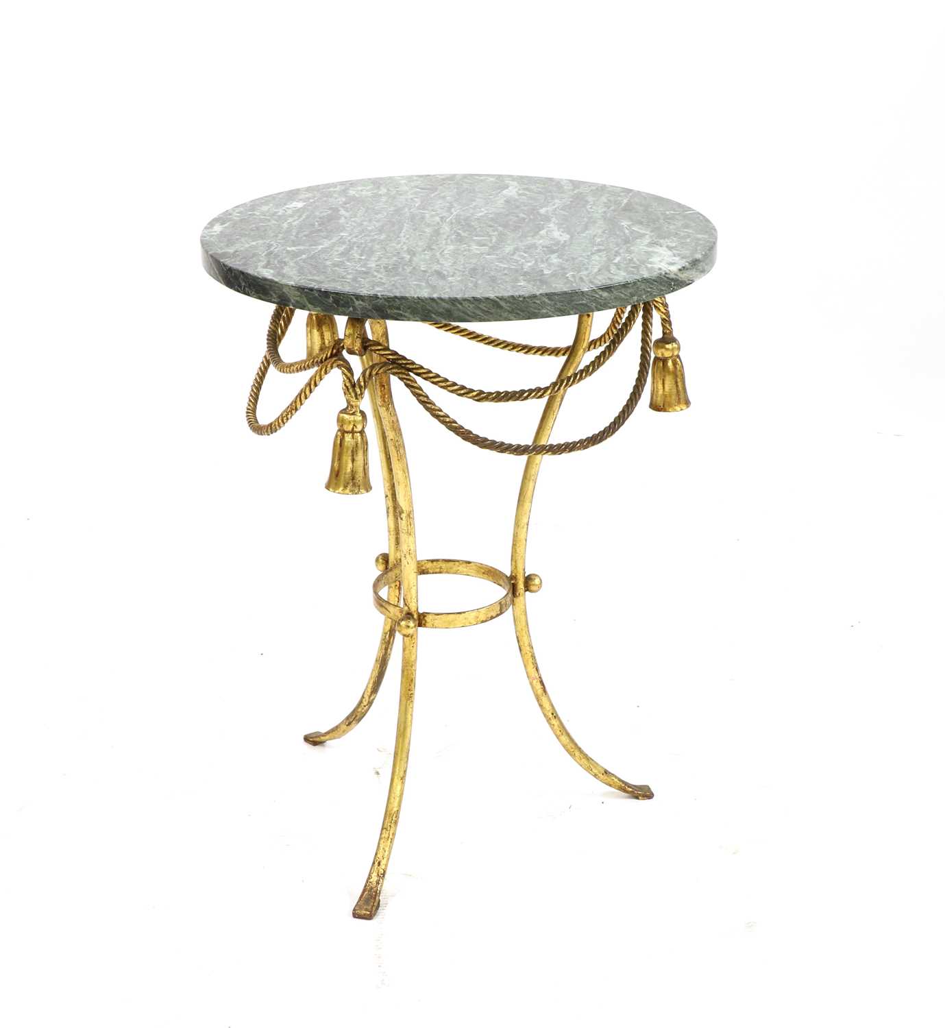 A modern gilt metal and serpentine marble tripod occasional table,
