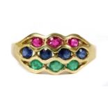 A 9ct gold ruby, sapphire and emerald ring,