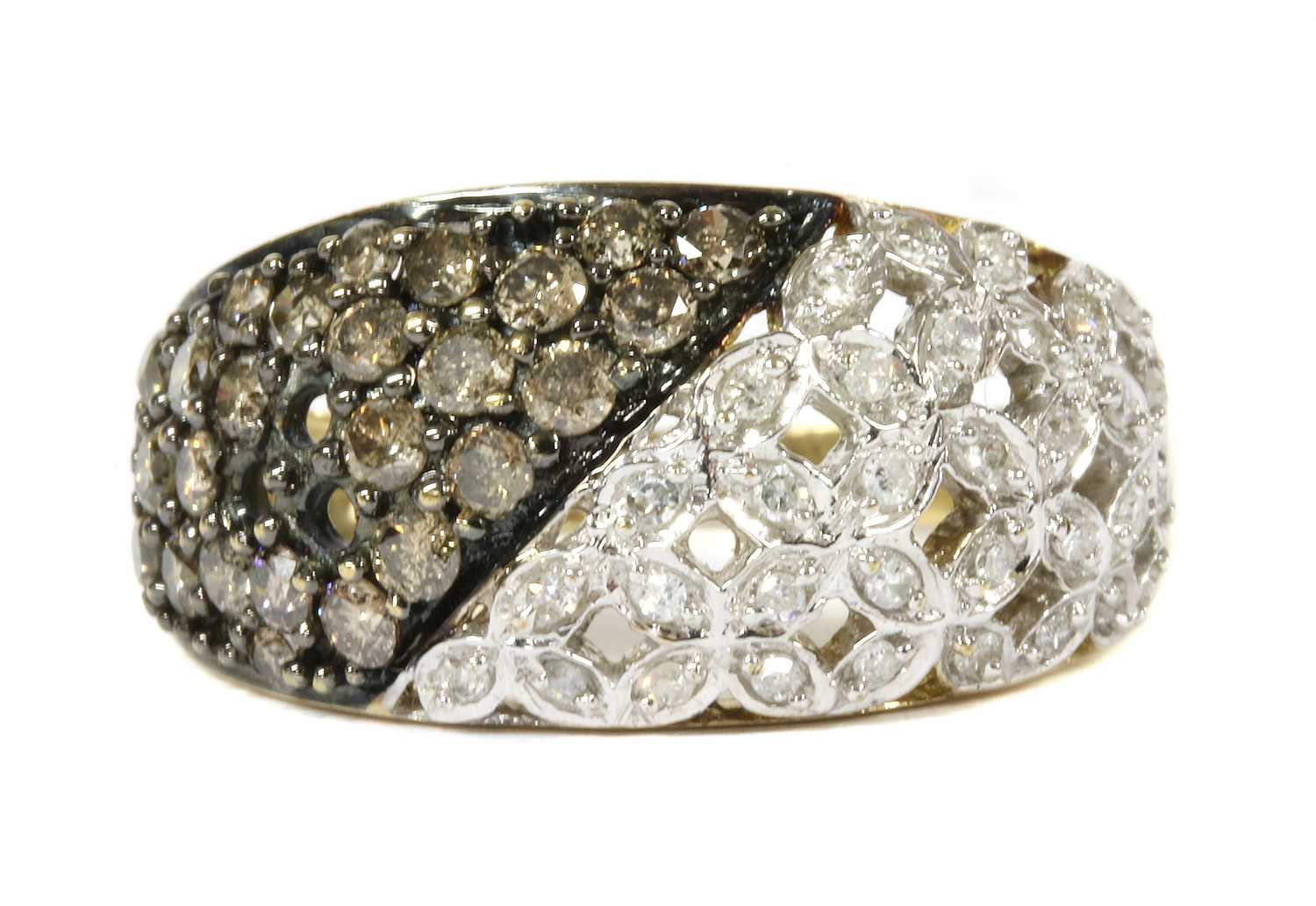 A 9ct gold fancy brown and white diamond bombé cluster ring,