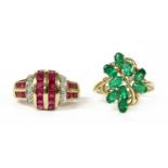 A 9ct gold emerald and diamond cluster ring,