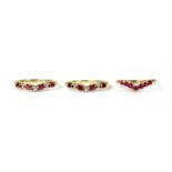 A pair of 9ct gold ruby and diamond shaped rings,