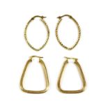 A pair of 9ct gold keystone shaped textured hollow hoop earrings,