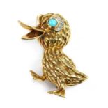An 18ct gold turquoise and diamond duck brooch, c.1970,