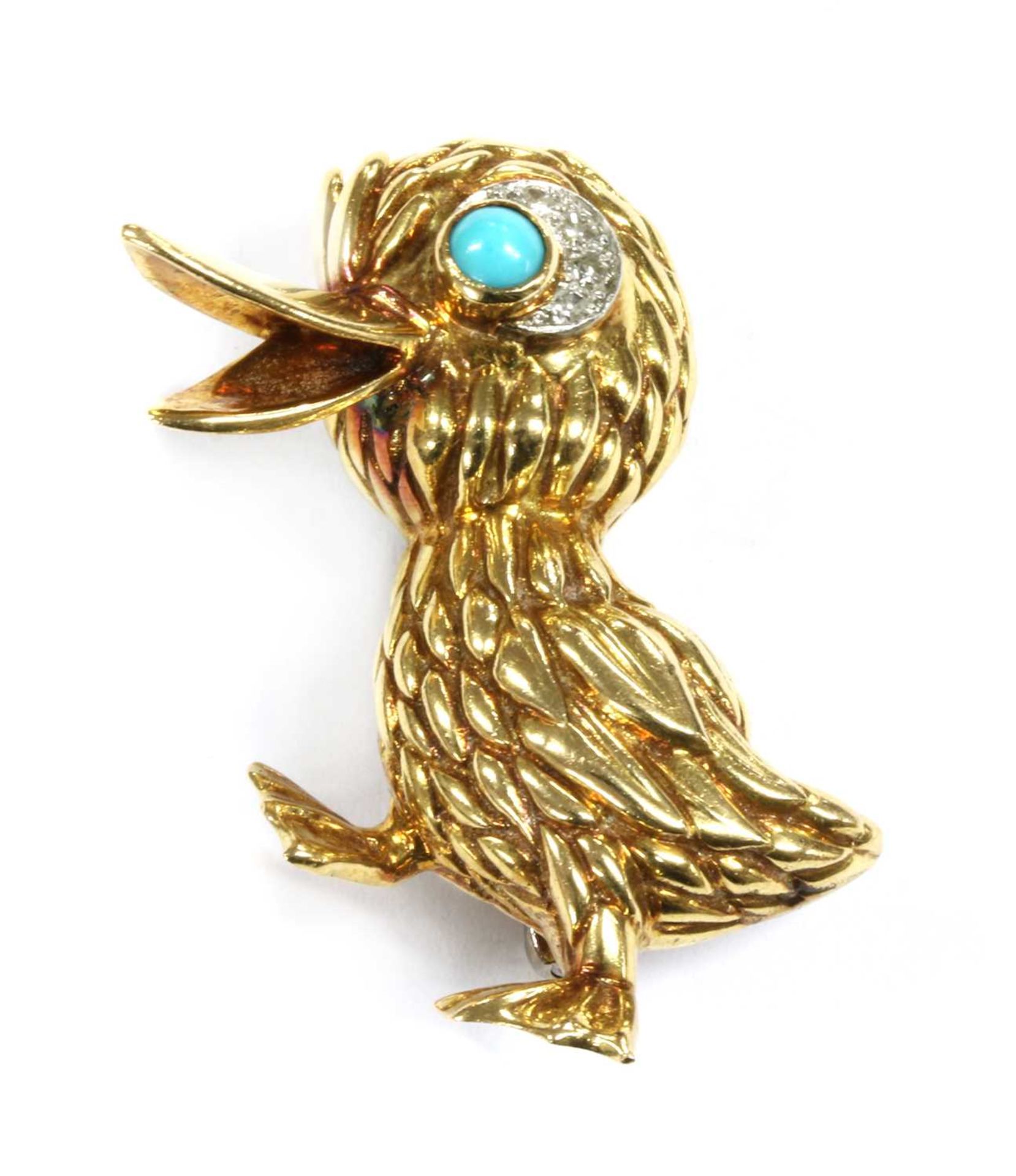 An 18ct gold turquoise and diamond duck brooch, c.1970,