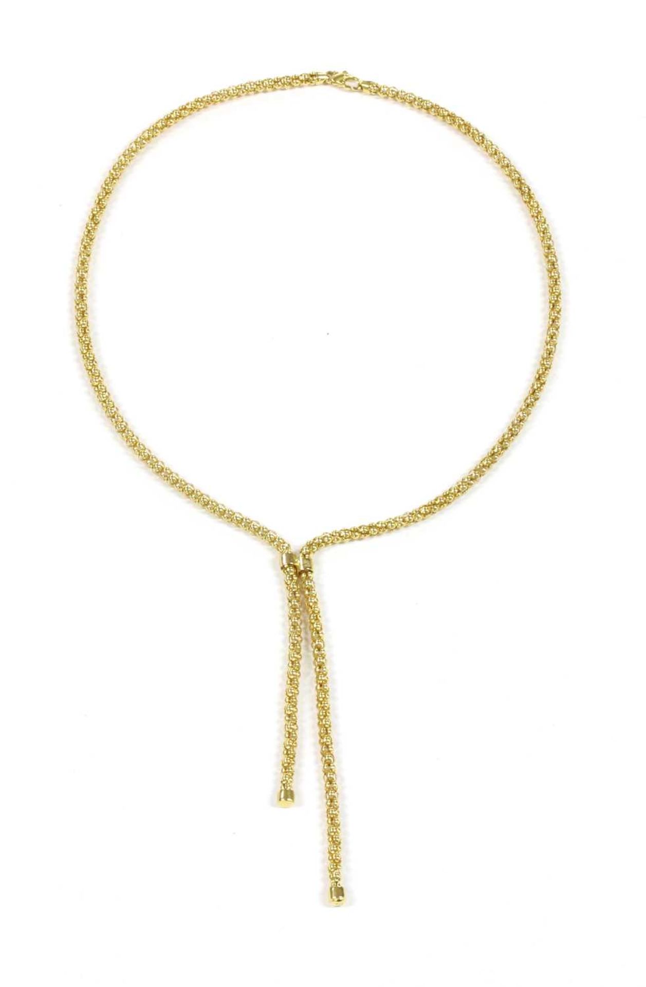 A 9ct gold popcorn link lariat-style tassel necklace,