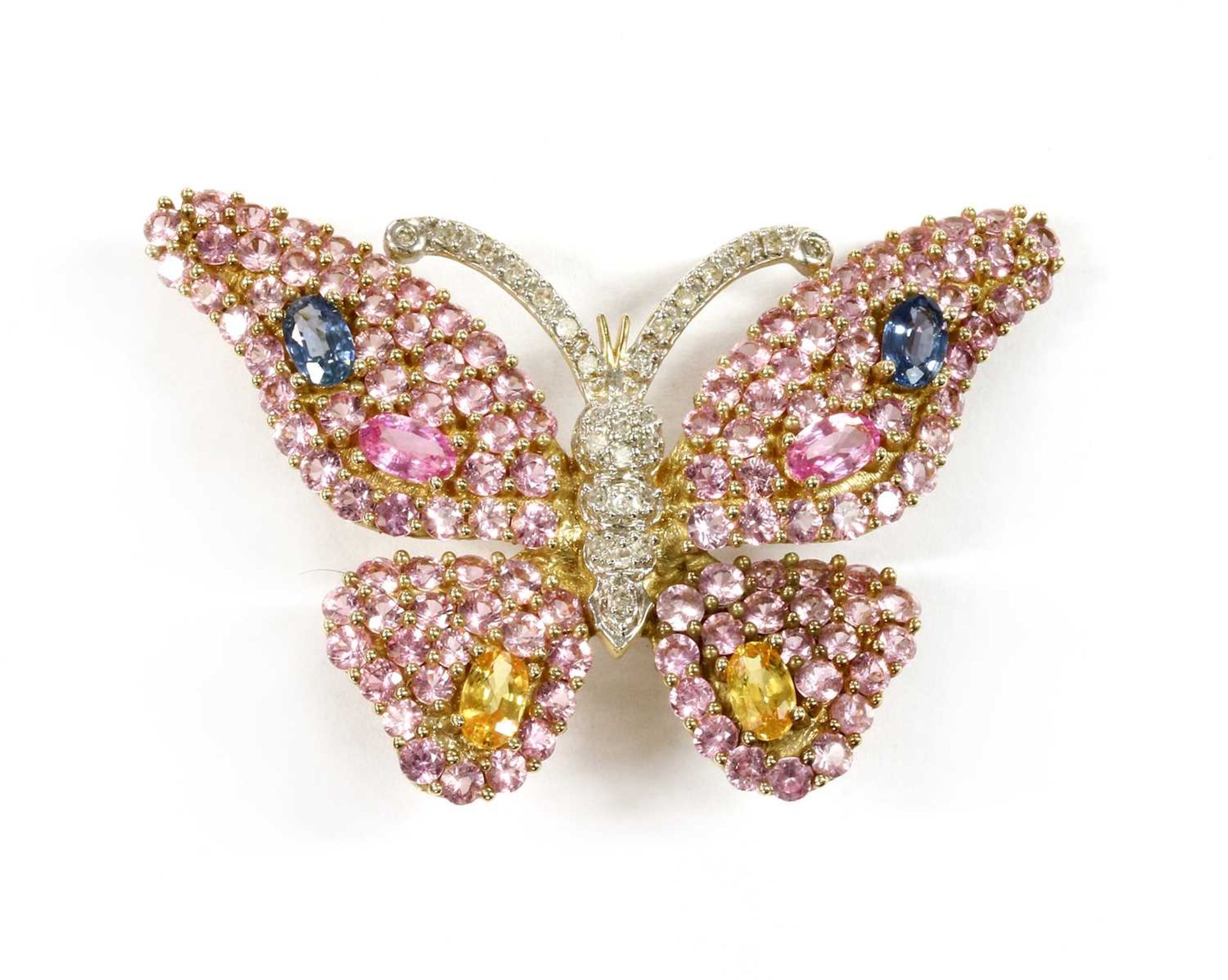 A 9ct gold diamond and varicoloured sapphire butterfly brooch/pendant,