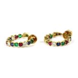 A pair of gold ruby, emerald, sapphire and diamond hoop earrings,