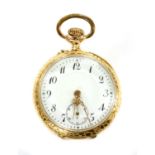 A Swiss gold open-faced pin set fob watch