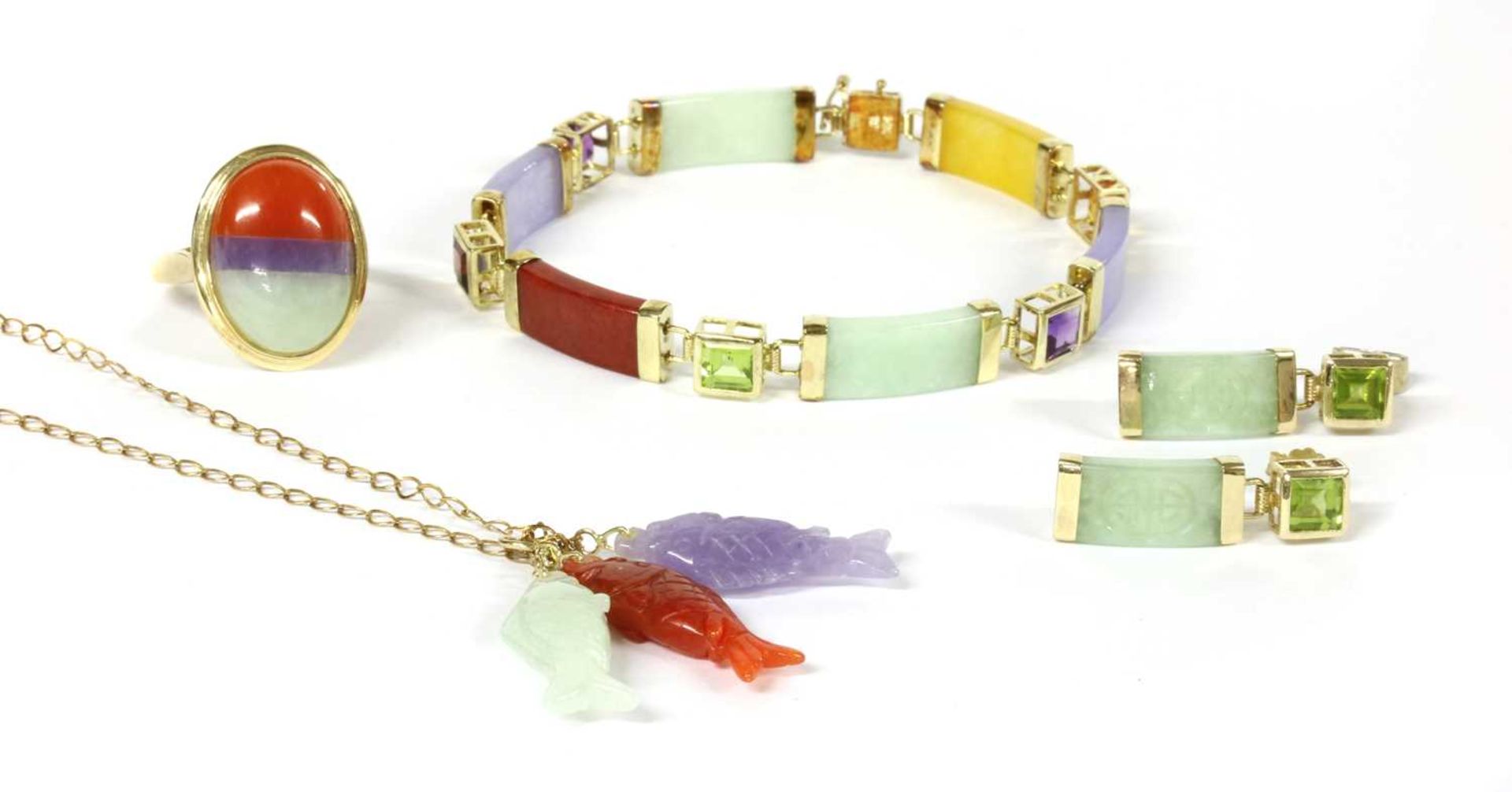 A 14ct gold multicoloured jade and assorted gemstone bracelet,