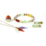 A 14ct gold multicoloured jade and assorted gemstone bracelet,