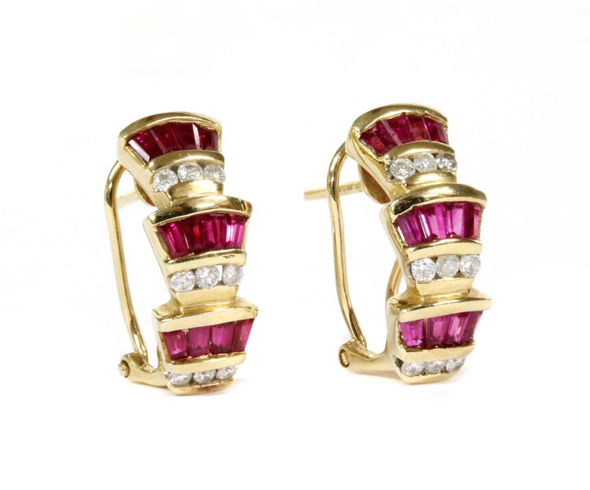A pair of 9ct gold ruby and diamond half hoop earrings,