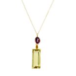A gold citrine and amethyst pendant,