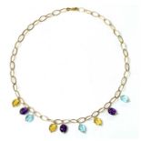 A 9ct gold amethyst, citrine and glass bead fringe necklace,