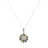 A white gold diamond and fancy coloured diamond pendant,