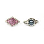 A 9ct white gold pink sapphire and diamond cluster ring,