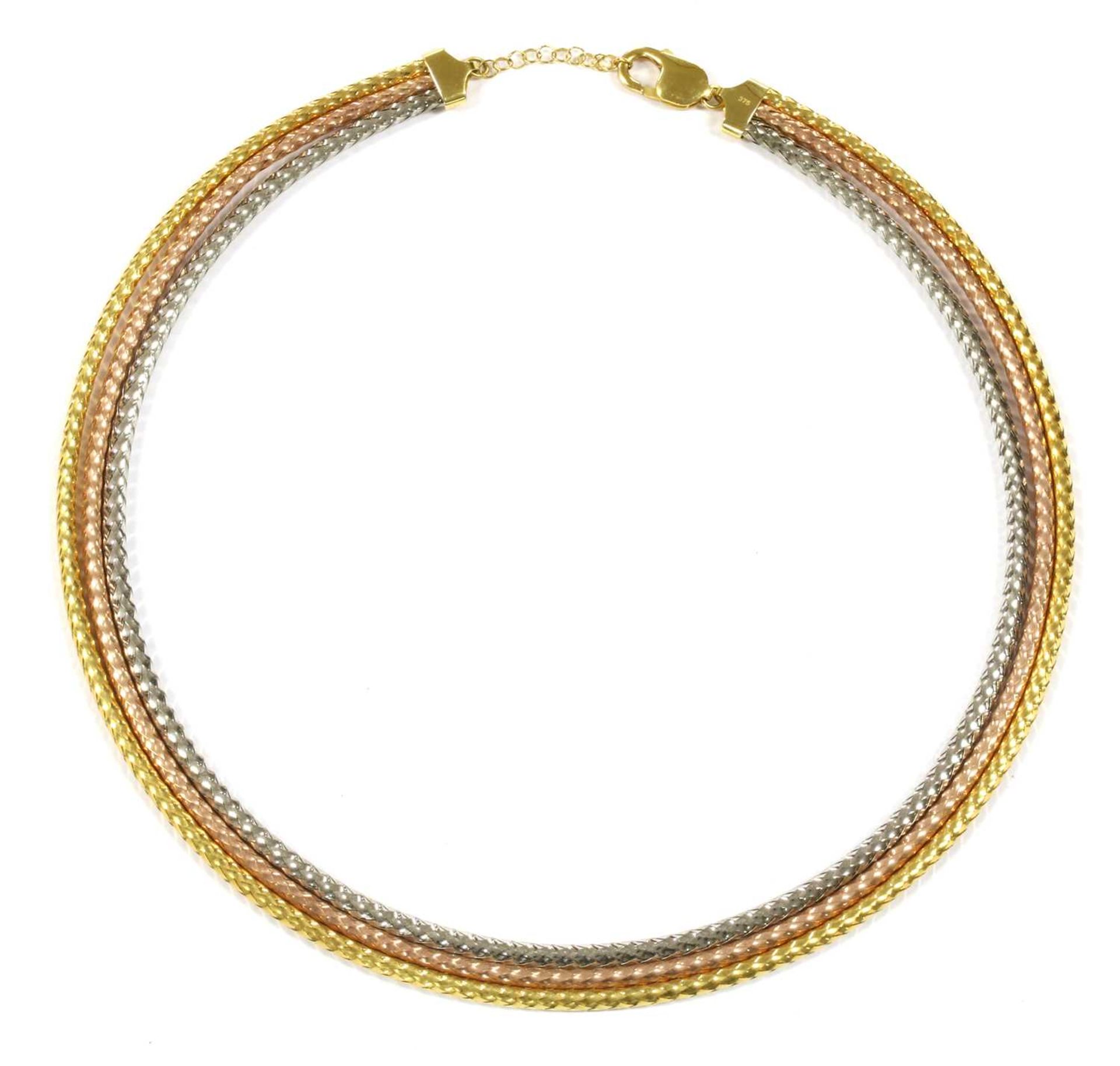 A 9ct three colour gold three row necklace,