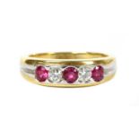 A gold five stone ruby and diamond ring,