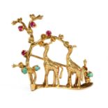 An Italian gold ruby and turquoise set giraffe brooch, c.1950,