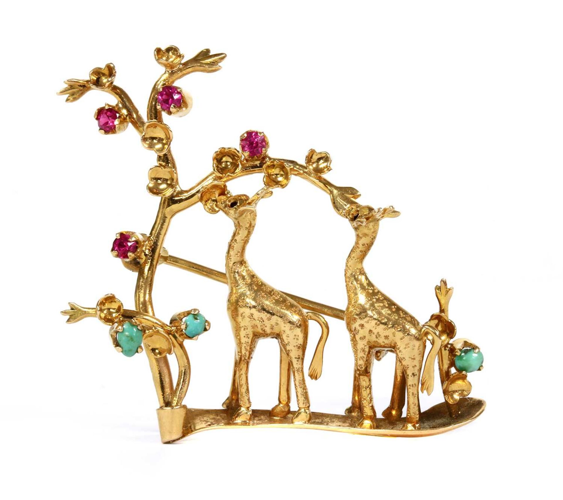 An Italian gold ruby and turquoise set giraffe brooch, c.1950,