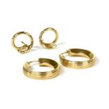 A pair of 14ct gold round ribbed hollow hoop earrings,