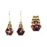 A gold ametrine and diamond pendant and earrings suite,
