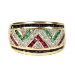 A 9ct gold ruby, sapphire, emerald and diamond ring,