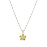 An 18ct white gold diamond and yellow sapphire daisy cluster pendant,