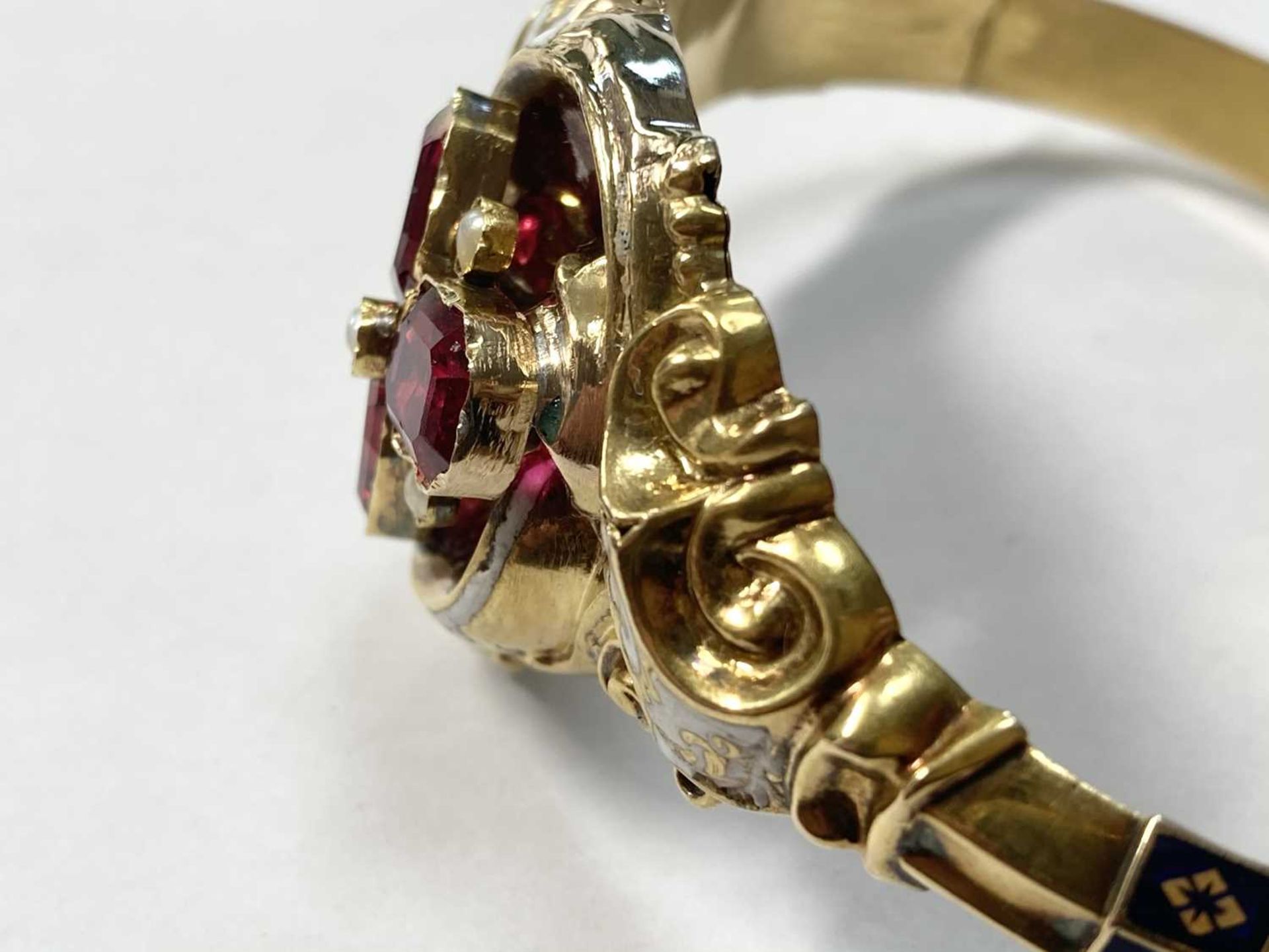 A Swedish gold paste, split pearl and enamel hollow hinged bangle, c.1850, - Image 7 of 19