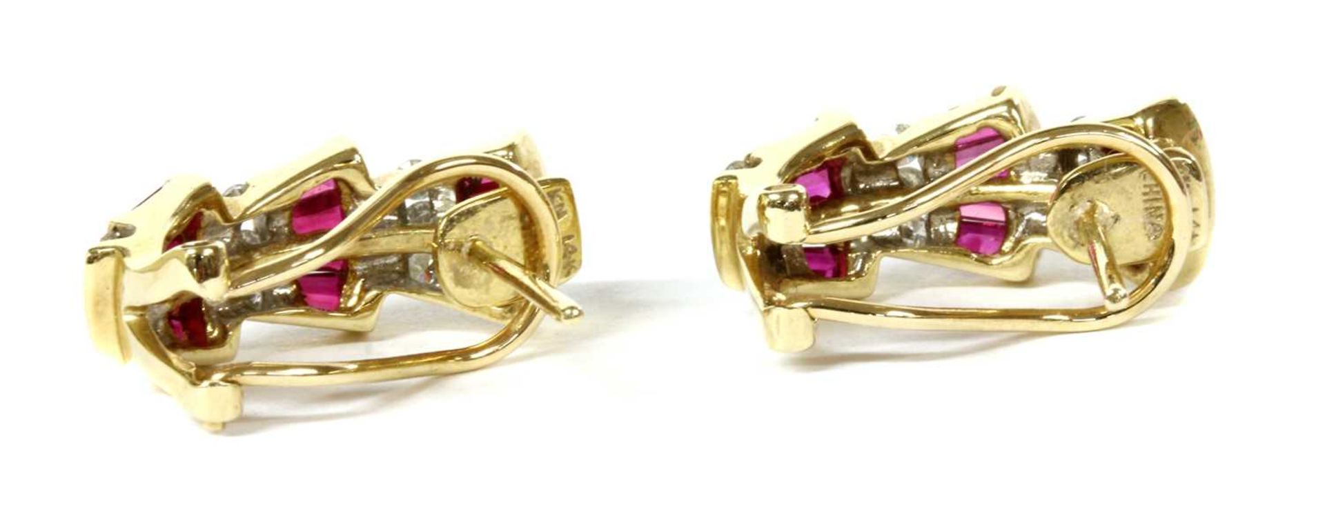 A pair of 9ct gold ruby and diamond half hoop earrings, - Image 2 of 2