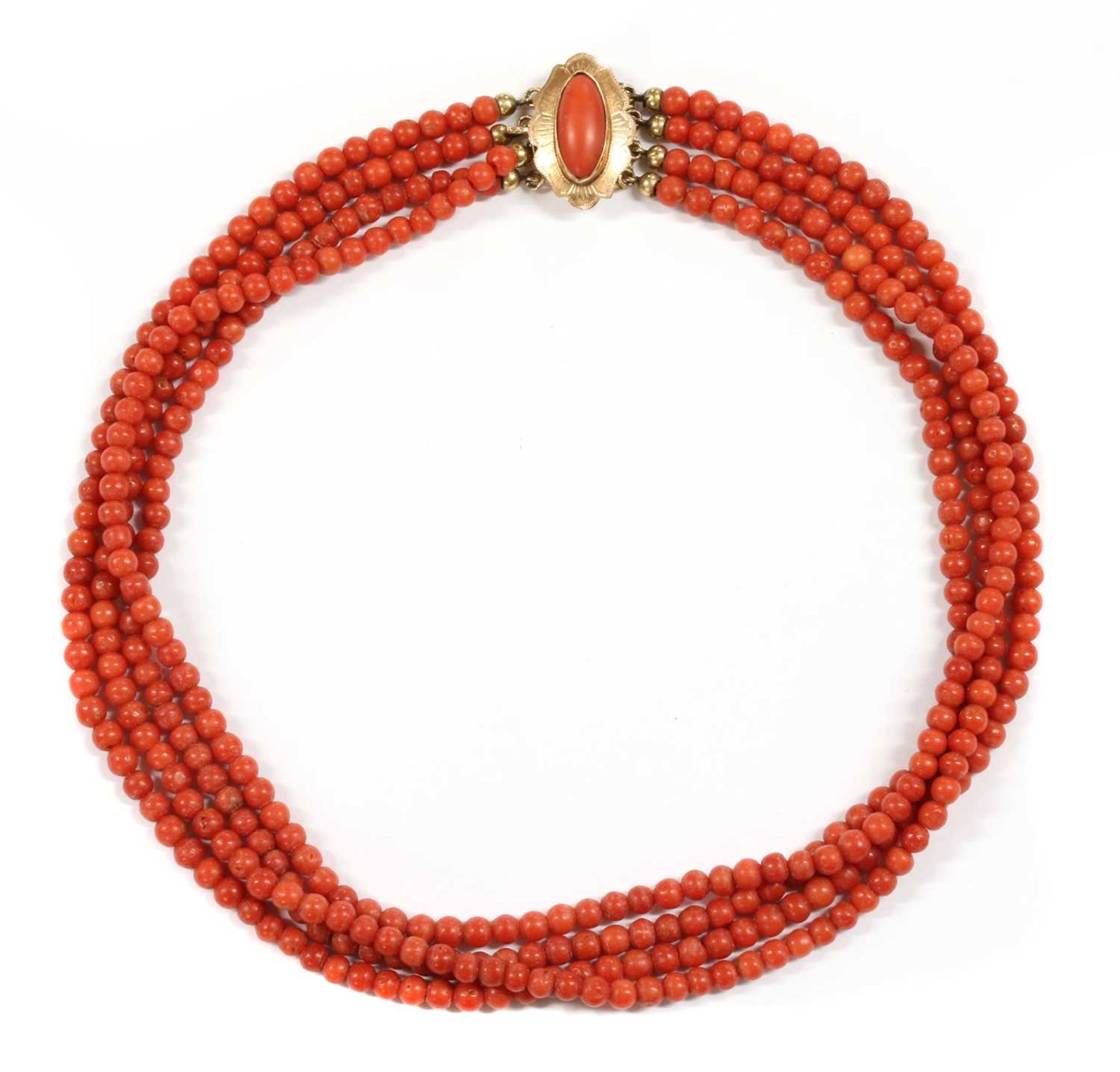 A Dutch four row uniform coral bead necklace,