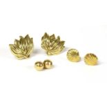 A pair of gold scallop shell form stud earrings,