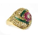 An Austrian gold diamond, ruby and enamel bombé ring,