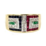 A 9ct gold ruby, sapphire, emerald and diamond ring,