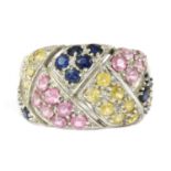 A 9ct white gold varicoloured sapphire ring,