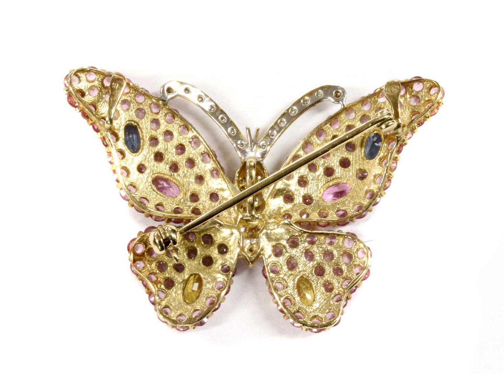 A 9ct gold diamond and varicoloured sapphire butterfly brooch/pendant, - Image 2 of 2