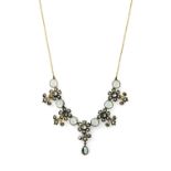 A silver and gold, blue topaz, split pearl and diamond necklace,