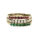 A white gold ruby, diamond and emerald ring,