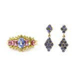 A pair of 9ct gold sapphire cluster earrings,