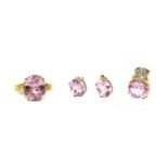A gold kunzite ring, earrings and pendant matched suite,