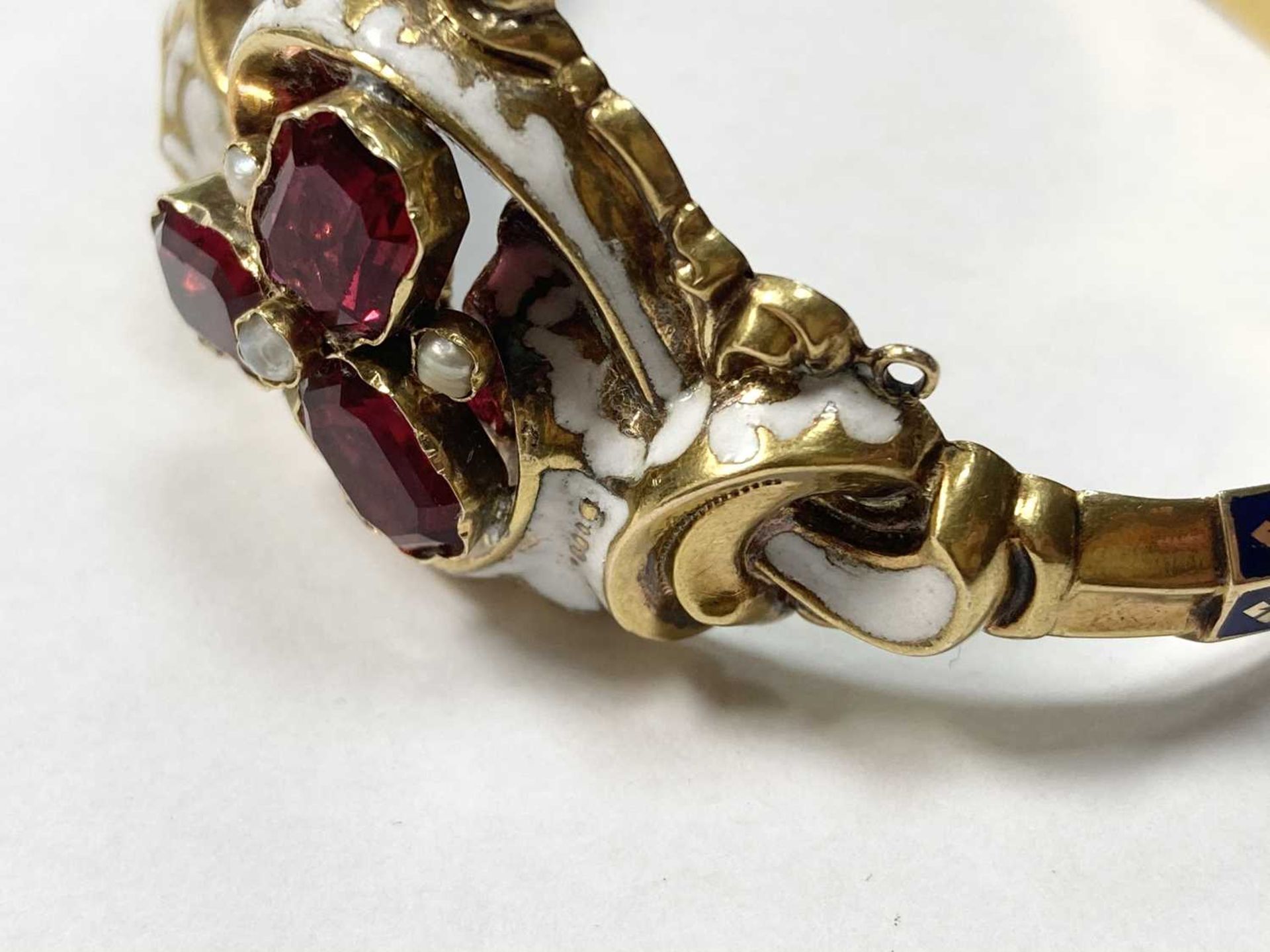 A Swedish gold paste, split pearl and enamel hollow hinged bangle, c.1850, - Image 9 of 19