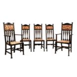 Five Arts and Crafts oak dining chairs,