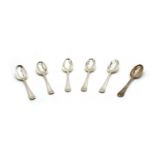 A set of five George I silver rat-tail back spoons,